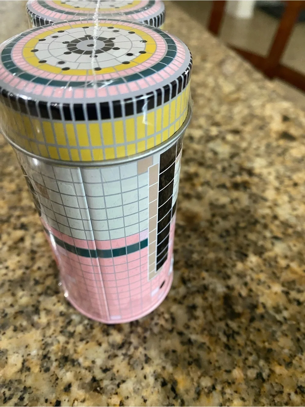 Mosaic Style Tin Pink Black Salt and Pepper Shaker Set Spice Tin 4.5”H x 2” W